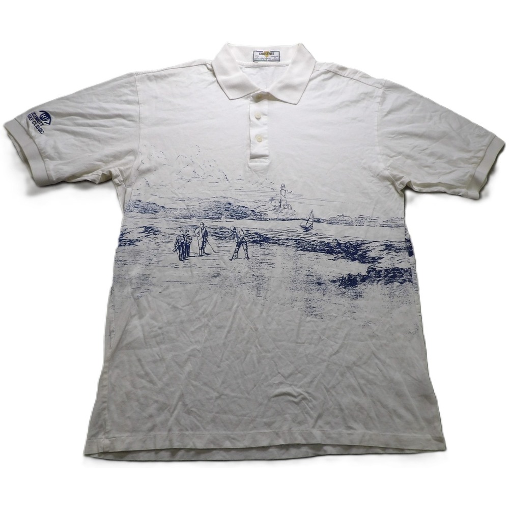 VTG Descente Golf Polo Shirt Men L White Celebrity Classic Graphic Landscape 90s